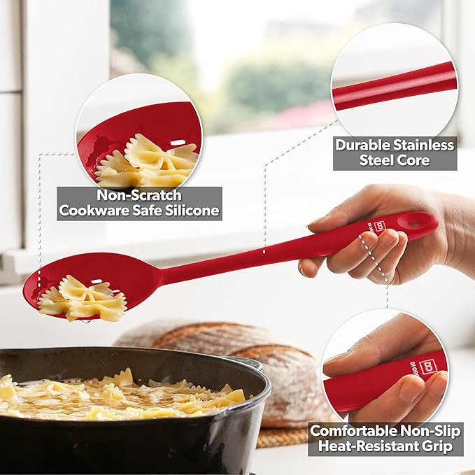 DI ORO Silicone Cooking Spoons - Solid & Slotted Set, 2-Pc Red