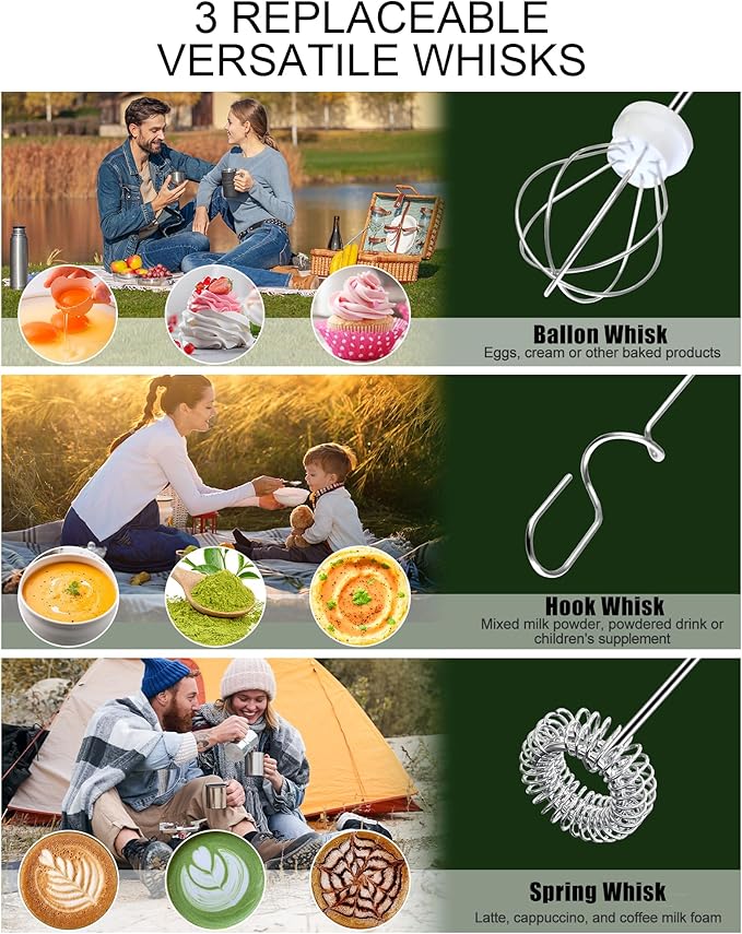 YUSWKO Handheld Milk Frother Wand for Coffee, Rechargeable Electric Whisk with 3 Heads 3 Speeds Drink Mixer Coffee Frother For Latte, Cappuccino, Hot Chocolate, Egg, Silver with Bag