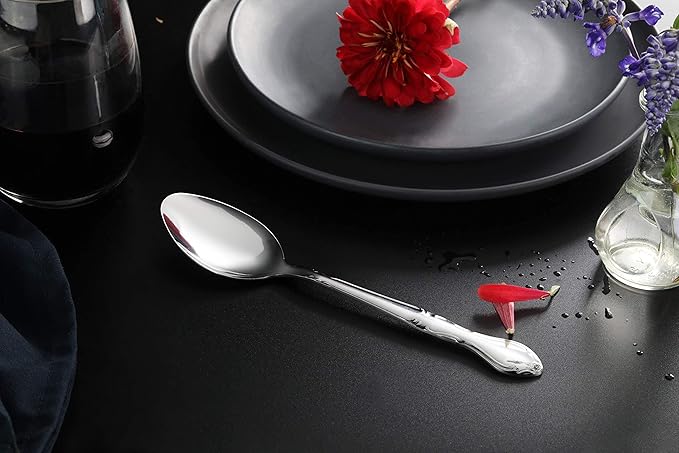 New Star Foodservice Rose Pattern 18/0 Stainless Steel Dinner/Dessert Spoon, 7-Inch, Set of 12, Commercial Grade