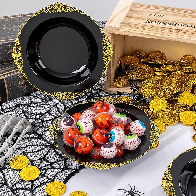 Joyido 100PCS Black Plastic Bowls - 12 oz Black Gold Disposable Salad Bowls - Heavy Duty Soup Serving Bowl - Fancy Plastic Candy Bowl for Weddings, Parties, Dinners, Catering, Picnics