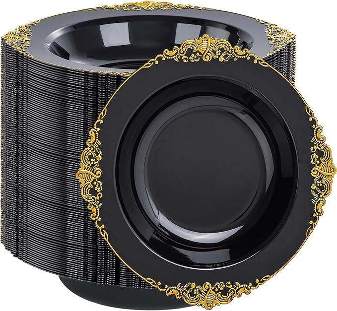 Joyido 100PCS Black Plastic Bowls - 12 oz Black Gold Disposable Salad Bowls - Heavy Duty Soup Serving Bowl - Fancy Plastic Candy Bowl for Weddings, Parties, Dinners, Catering, Picnics