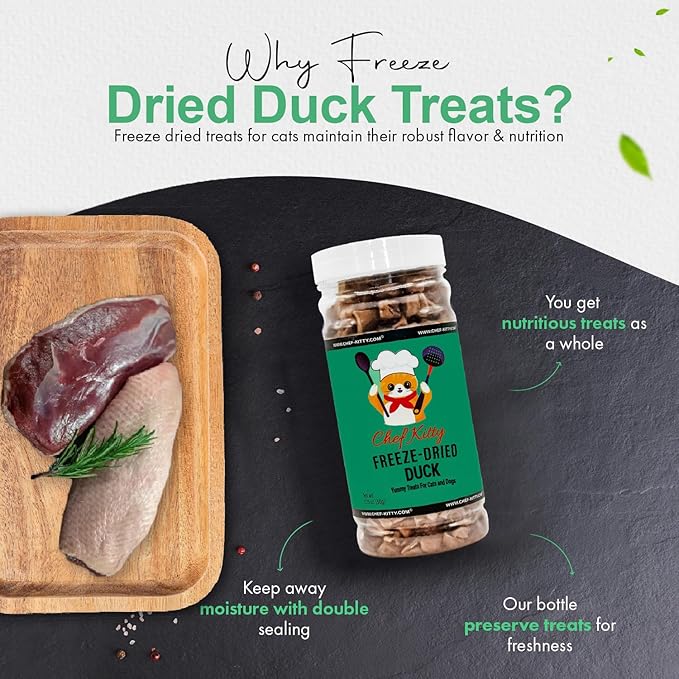 Chef Kitty Duck Dog Treats | 100% Human Grade Freeze Dried Cat Treats, Single Ingredient | High Protein Cat & Dog Food Toppers | No Additives or Preservatives | Inspected & Tested in USA | 1.6 oz