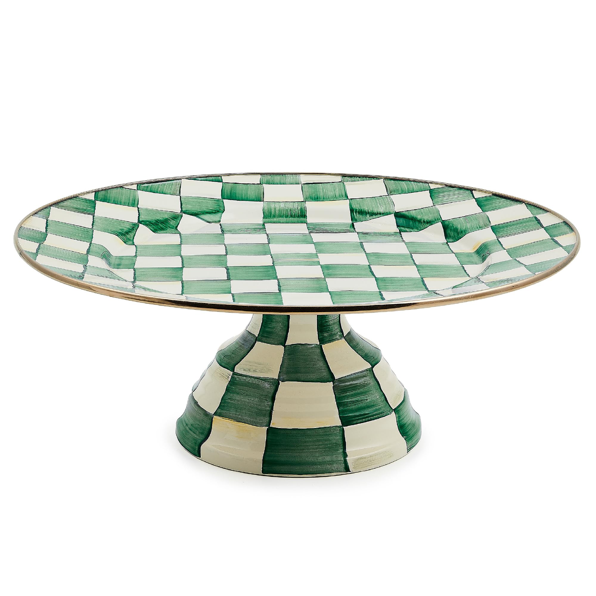 MACKENZIE-CHILDS Pedestal Platter, Large, Green-and-White Emerald Check