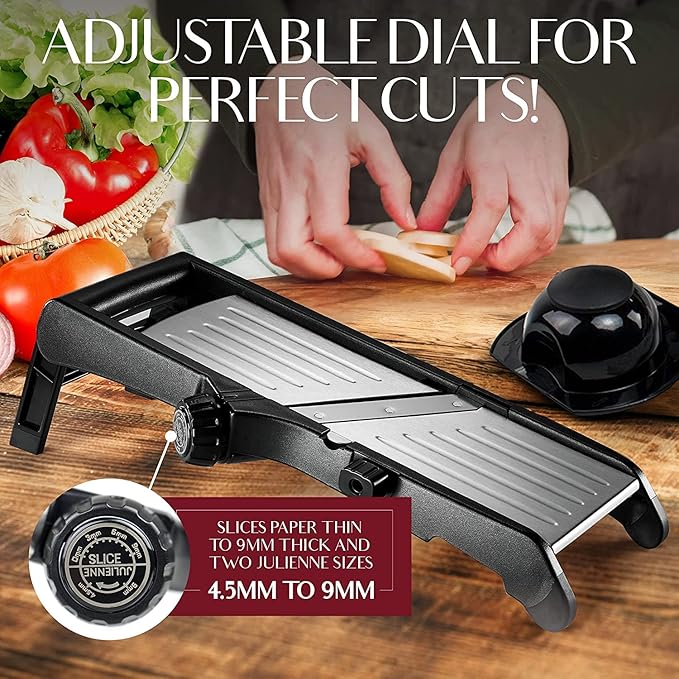 Gramercy Adjustable Mandoline Slicer for Kitchen, Potato Cutter, Vegetable Chopper, Mandolin, Cucumber Slicer- INCLUDING One Pair Cut-Resistant Gloves and Waffle Fry Cutter