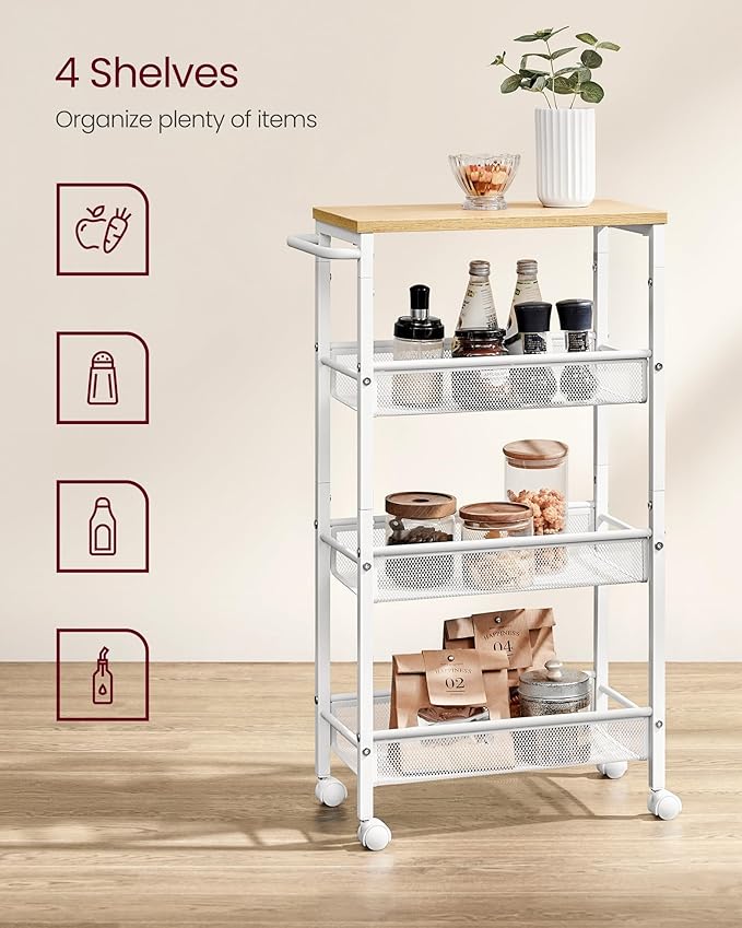 VASAGLE Slim Rolling Cart, 4-Tier Storage Cart, Narrow Cart with Handle, 8.7 Inches Deep, Metal Frame, for Kitchen, Dining Room, Living Room, Home Office, Oak Beige and Classic White ULRC033W09