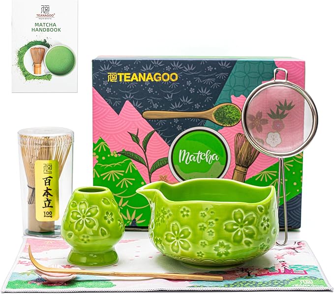 TEANAGOO 7-PCS Green Matcha Whisk Set, Complete Ceremony Start Kit, Ceramic Chawan Bowl with Spout, Whisk & Accessories, Traditional Matcha Tea Set for Lattes& Gift Giving