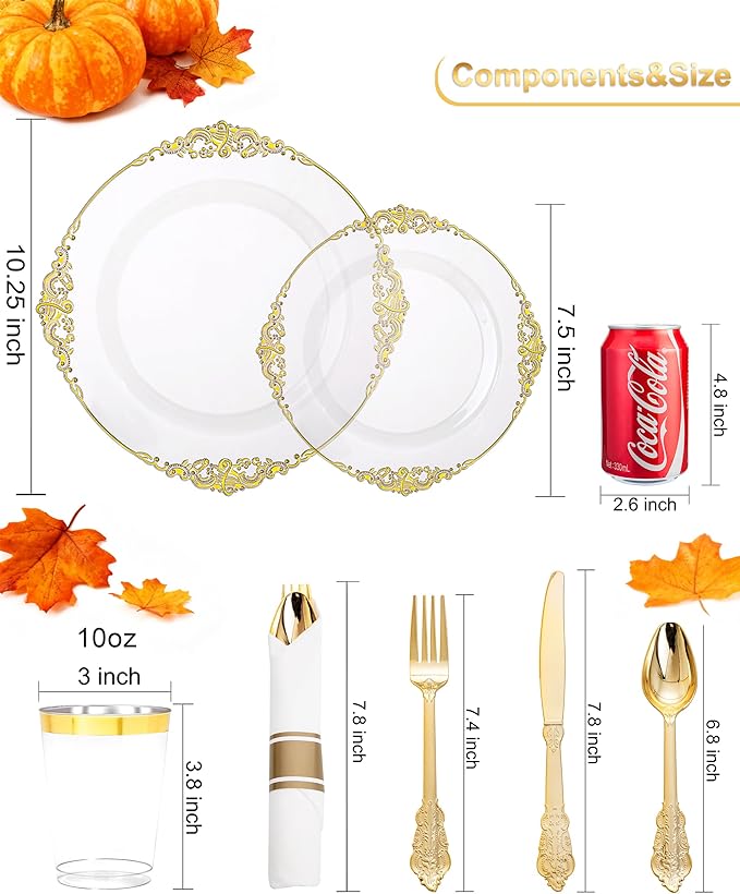 Nervure 350Pcs Clear Gold Plastic Plates, Dinnerware Sets for 50 Guests