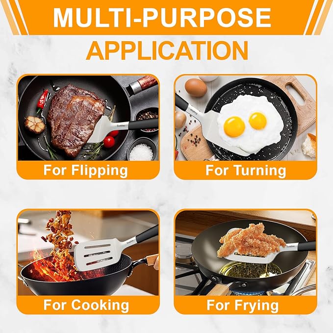 Svailse 13.4 in Stainless Steel Spatula Set of 2, Heavy Duty Solid & Slotted Metal Spatula with Silicone Handle for Cast Iron Skillet, Egg, Burger and Grilling, Large