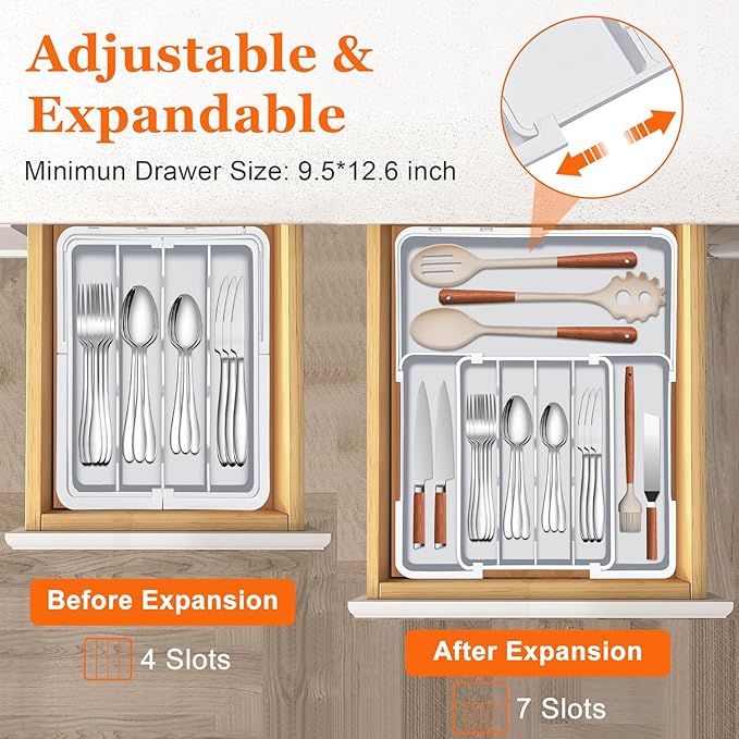 Spaclear Silverware Drawer Organizer Tray, Adjustable Cutlery Storage for Kitchen, Expandable Flatware and Utensil Holder Divider for Spoons Forks Knives Tableware, 15 x 19, 4-7 Slots, Gray