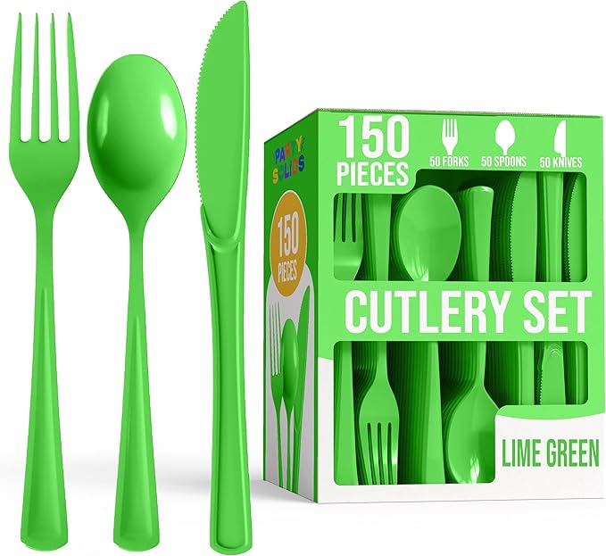 Party Solids Lime Green Plastic Silverware Heavy Duty 150 Pieces Lime Green Disposable Silverware Heavy Duty, Utensil Sets, 50 Of Each Forks, Knives & Spoons Disposable Cutlery Set For Party Supplies