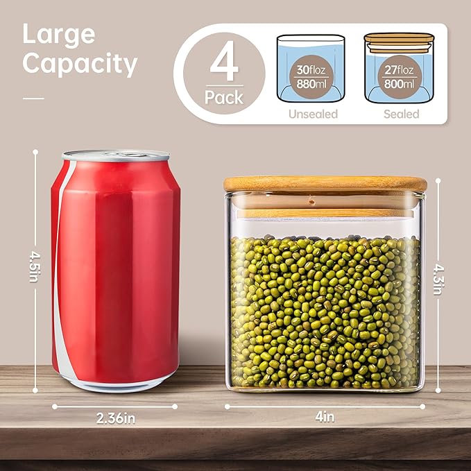 27oz Square Glass Food Storage Containers with Airtight Bamboo Lids, 4 Pack