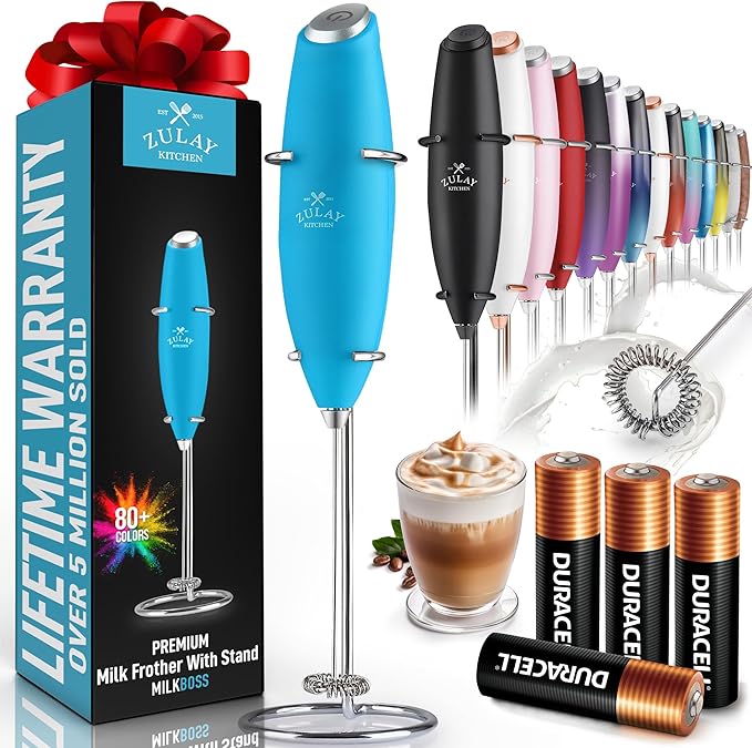 Zulay Kitchen Powerful Milk Frother Wand With Duracell Batteries - Ultra Fast Handheld Drink Mixer - Electric Whisk Foam Maker for Coffee, Lattes, Cappuccino & Matcha - Z1 Motor - Blue Teal