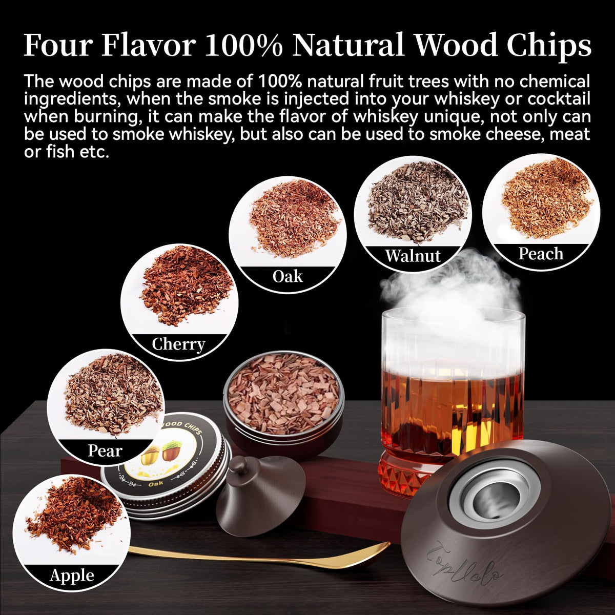 Cocktail Smoker Kit with Torch and Whiskey Glass, 6 Flavors Wood Chips and 3 Whisky Stones for Whiskey & Bourbon, Gift for Husband, Birthday Gift (No Butane), Brown