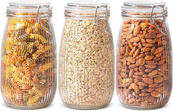 ComSaf Large Ribbed Glass Jars with Airtight Lids 51 oz 3 Pack Wide Mouth