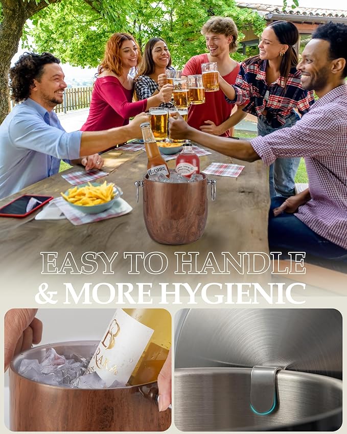 Golden Cudgel Insulated Ice Bucket, 3L Double Wall Stainless Steel Ice Bucket with Tongs,Lid, Scoop and Strainer, Ice Buckets for Parties,Cocktail Bars, Chilling Beer, Champagne, Wine Bottles,Wood