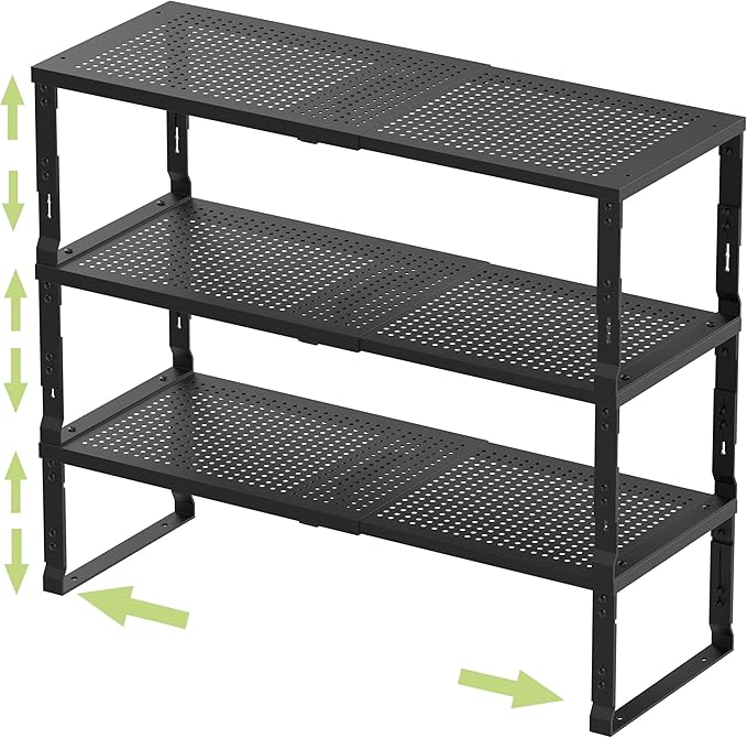 Jojocross Adjustable Expanable Stackable Spice Rack Shelf Pantry Storage Organizer for Kitchen Cabinet,Countertop,Bathroom and More.Space is no Longer Limited(3Packs/Black/Medium)