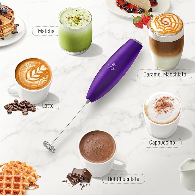 Zulay Powerful Milk Frother for Coffee with Upgraded Titanium Motor - Handheld Electric Whisk, Milk Foamer, Mini Mixer & Coffee Blender for Frappe, Latte, Matcha, No Stand - Lush Purple