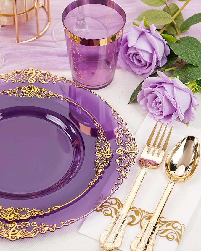 Nervure 350Pcs Purple Plastic Plates, Plastic Dinnerware Set for 50 Guests