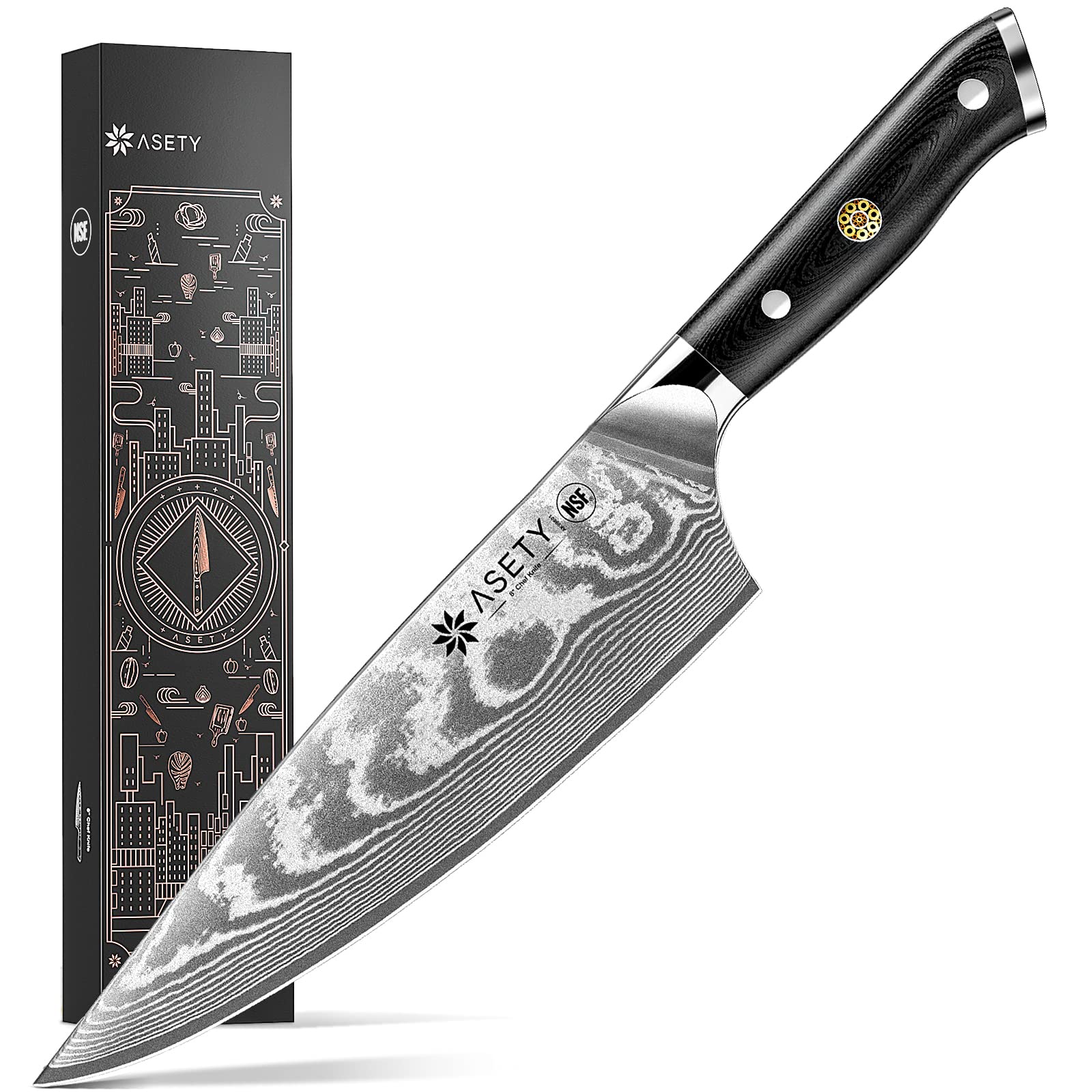 ASETY Damascus Chef Knife 8 inch, Japanese Knife with VG10 Steel Core