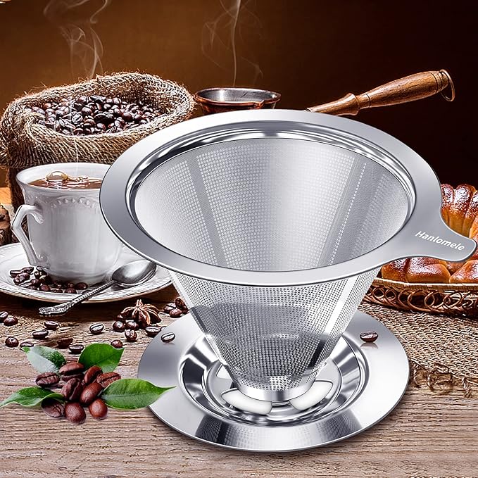 Hanlomele Pour Over Coffee Dripper, Paperless Reusable Coffee Filter, Pour Over Coffee Maker for Single Cup Brew, Double Mesh Design of Stainless Steel Cone Filter for Perfect Extraction (1-2 Cup)