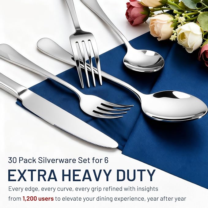 30 Pack Silverware Set for 6, KIKCOIN Food-Grade Stainless Steel Flatware Set, Heavy Duty Mirror Polished Cutlery Utensils Set with Knives Spoons and Forks Set for Home Kitchen Restaurant Wedding