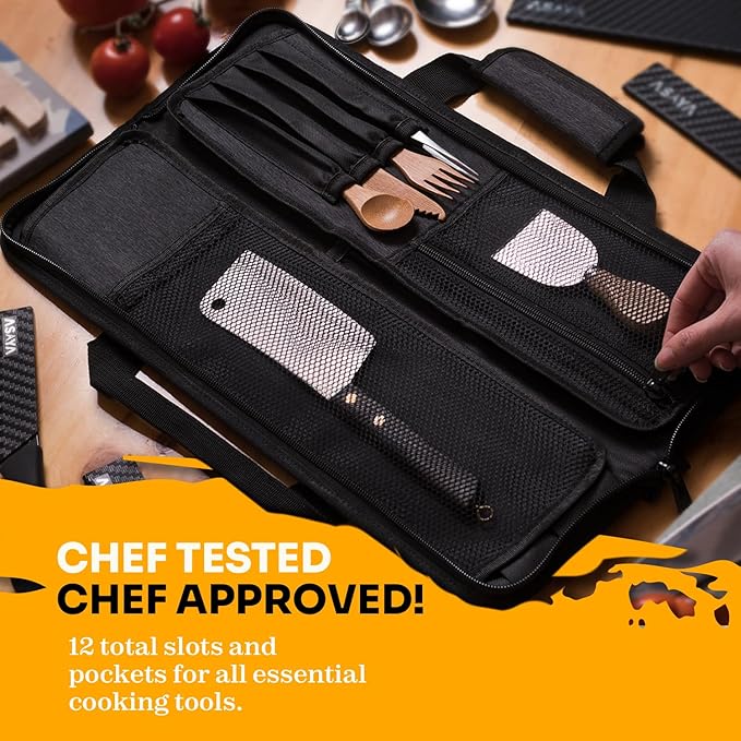 Asaya Chef Knife Roll Bag - 12-Pocket Chefs Case for Kitchen Knives and Utensils, Lightweight Stain-Resistant Waxed Nylon Chef Knife Bag - Knives Not Included (Black)