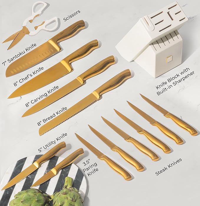 Styled Settings Gold Knife Set with Block and Sharpener, 14-Piece