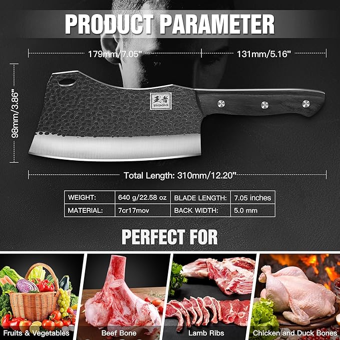 ENOKING 7.1″ Butcher Knife & Chef’s Knives – Hand Forged High Carbon Stainless Steel, Full Tang Meat Cleaver for Kitchen & Outdoor Meat Cutting