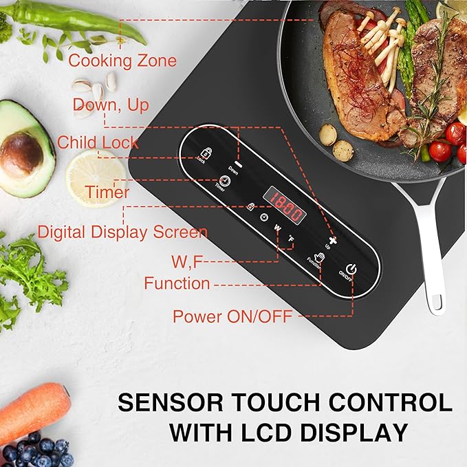 Electric Cooktop 1800W, Single Burner Portable Electric Stove 110V with LED Touch Screen 10 Power Levels, Hot Plate with Child Safety Lock, Timer and Overheat protection, Compatible with All Cookware