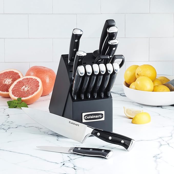 Cuisinart 15-Piece Knife Set with Block, High Carbon Stainless Steel, Forged Triple Rivet (Black/Black)
