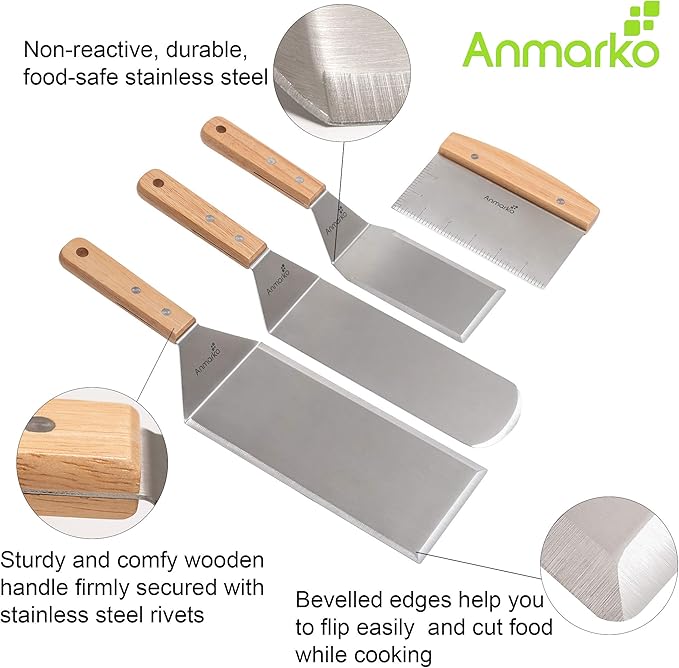 Stainless Steel Metal Spatula Set - Teppaniyaki Spatulas - Griddle Scraper Flat Spatula Pancake Flipper Hamburger Turner - Metal Utensil great for BBQ Grill Flat Top Cast Iron Griddle Accessories