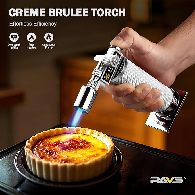 RAVS Butane Torch Lighter Refillable, White Kitchen Torch with Adjustable Flame, Premium Metal Creme Brulee Torch for Baking, Welding, Cooking Torch Butane Not Included