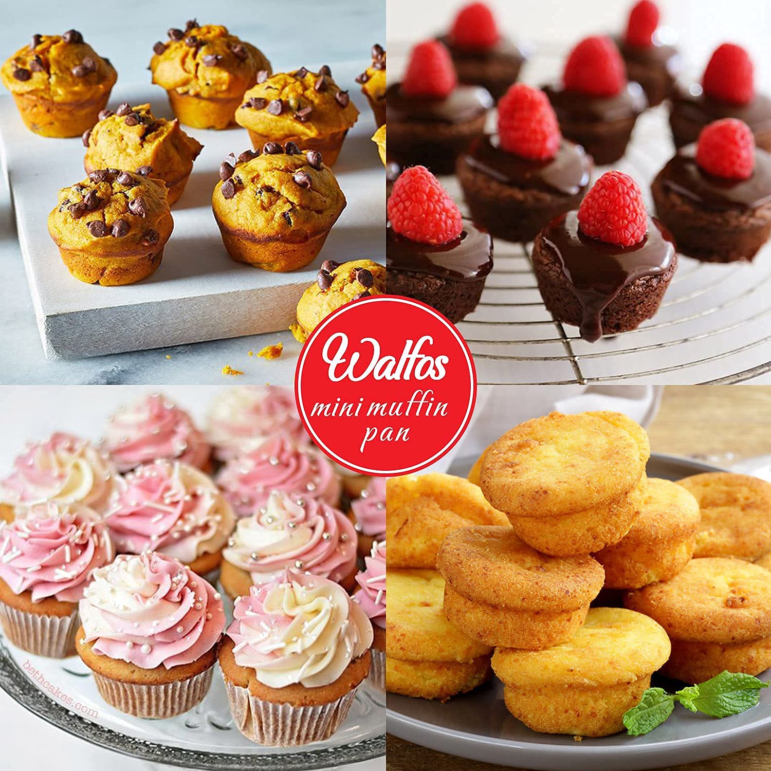 Walfos Silicone Muffin Pan Set of 3, Including Regular 12 Cups Muffin Pans, 24 Cups Mini Muffin Pan & 6 Cups Muffin Top Pan, Non-Stick Cupcake Pan, Easy to Release & Dishwasher Safe