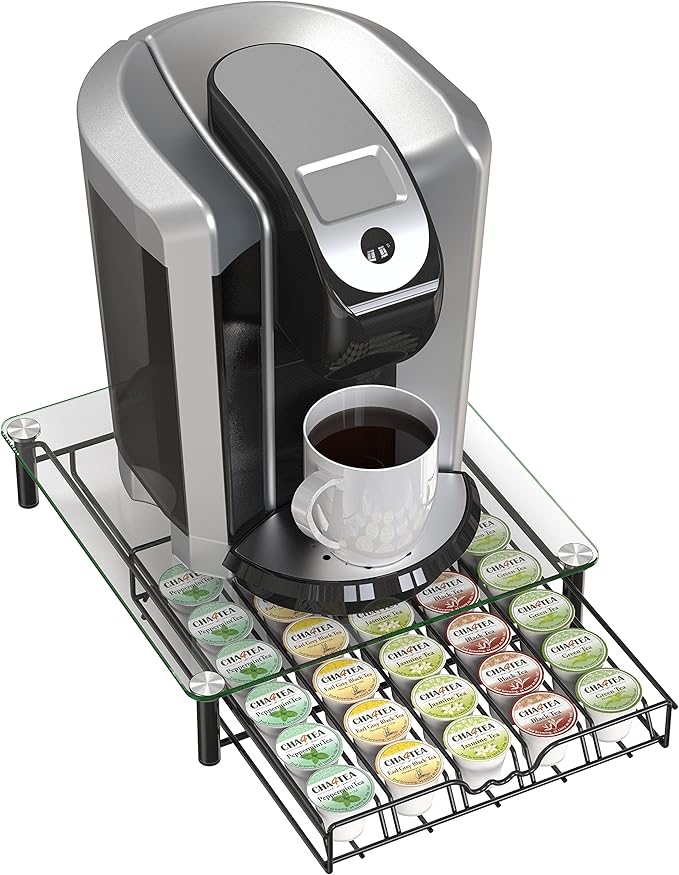 Deco Brothers Tempered Glass K-Cup Holder Drawer for 30 Coffee Pods, Black