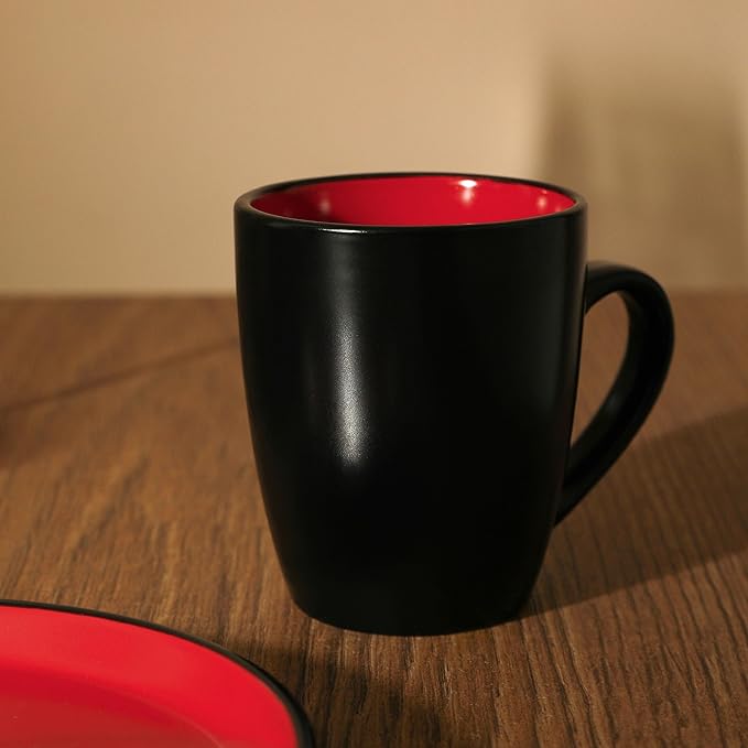 Stone Lain Albie Stoneware 16 Piece Modern Dinnerware Set, Kitchen Plates and Bowls Sets, Service for 4, Red and Black, Microwave & Dishwasher Safe