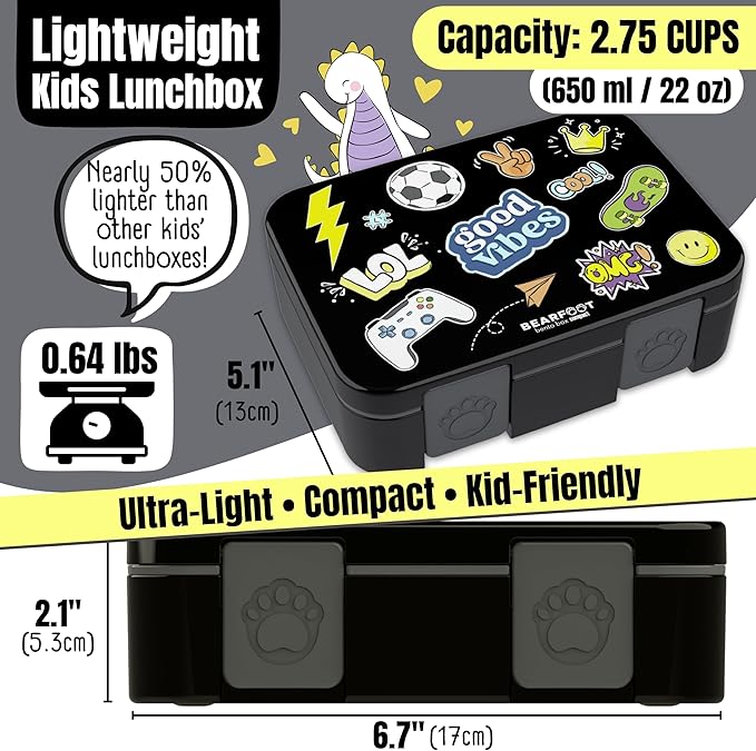 BEARFOOT Kids Lunch Box with Compartments – Compact & Lightweight | Leak-Proof, BPA-Free, Dishwasher Safe | Hand-Drawn Design for Preschool, School, Travel (Sticker Black, 2.75 Cups)