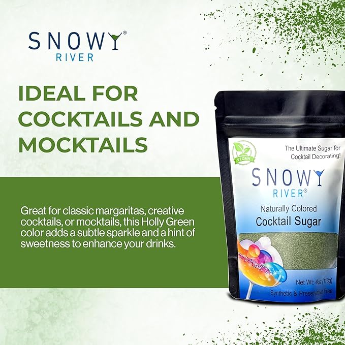 Snowy River Natural Cocktail Sugar Rimmer - Kosher Certified Naturally Colored Beverage Rimming Sugar for Cocktails, Margaritas, Drinks (Holly Green, 4 Ounce)