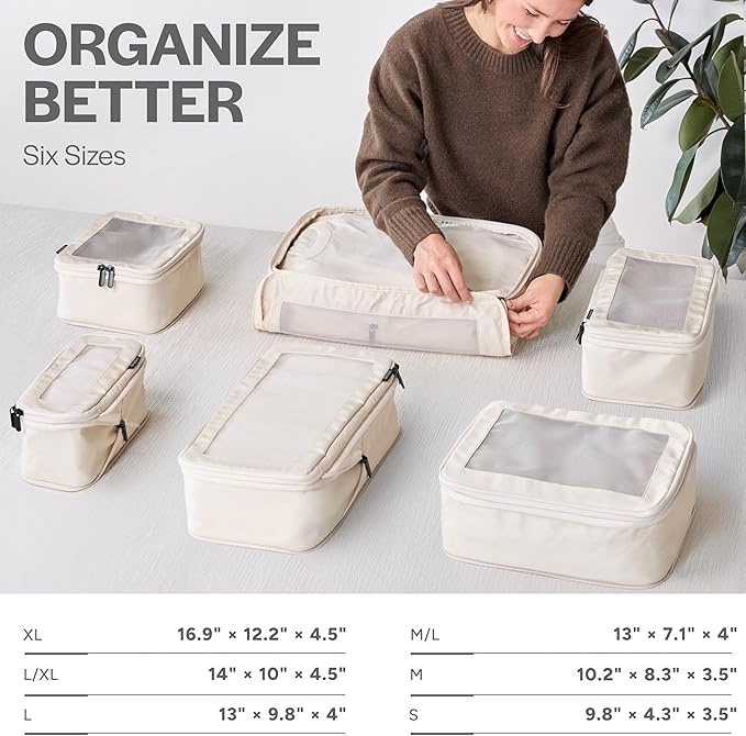Aerotrunk Compression Packing Cubes for Travel, 6-Pack, Beige
