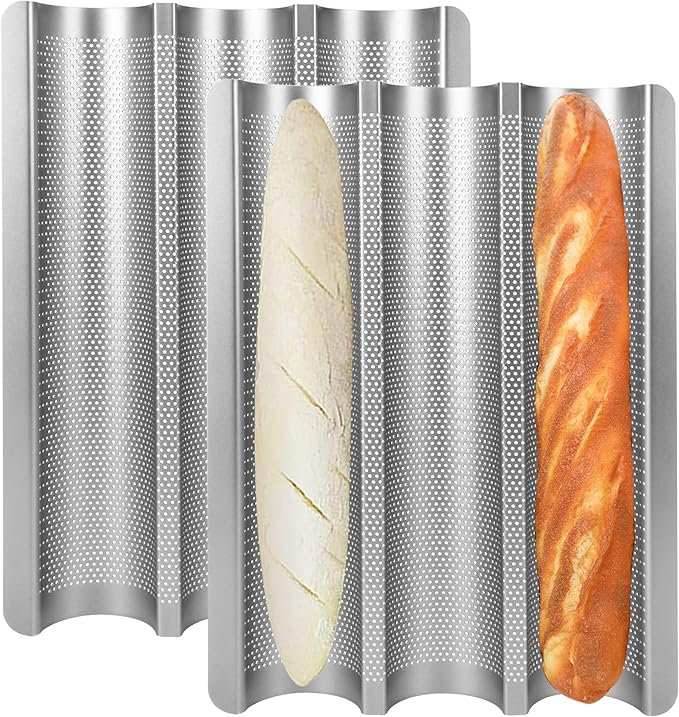 Barlket Baguette Pan 2 Pack, Silver Baguette Tray Perforated for Home Baker