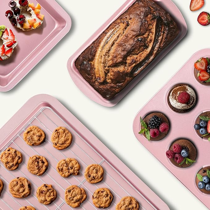 KITESSENSU Baking Pans Sets, Nonstick Bakeware Sets 19-Piece with Round/Square Cake Pan, Loaf Pan, Muffin Pan, Cookie Sheet, Roast Pan, Cooling Rack, Carbon Steel Bake Set Pink