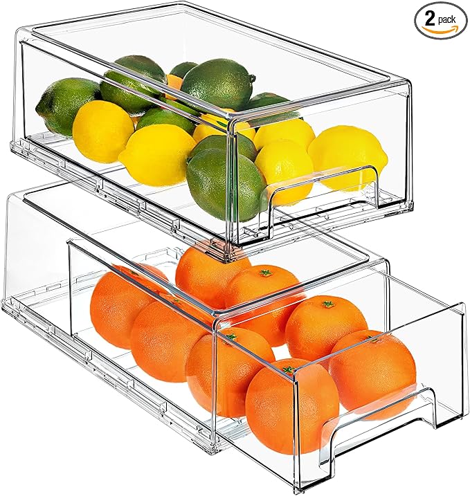 Sorbus Medium Clear Storage Drawers (2 Pack) – Stackable Organizer Drawers for Fridge, Pantry, Kitchen – Pull-Out Storage Bins with Handles, Slide Out Acrylic Drawers