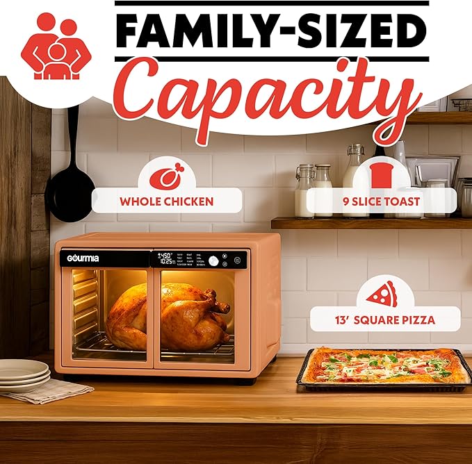 Gourmia French Door Air Fryer Oven - 37 Qt Large Capacity Convection Toaster Oven, FryForce 360°, Digital Display, 12 Cooking Presets, Dehydrate, Fits 13” Pizza, Dishwasher-Safe, Peach