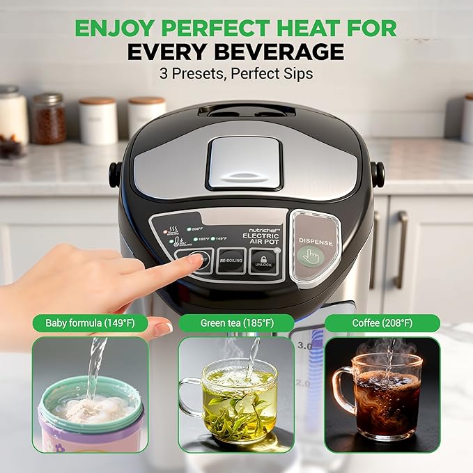 NutriChef Electric Water Boiler and Warmer - 3L/3.17 Qt Stainless Steel Electric Hot Water Dispenser w/Rotating Base, Auto Shut Off, Safety Lock, Instant Heating for Coffee & Tea (NCHUB13)