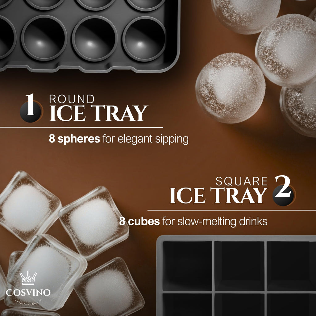 Large Ice Cube Trays Perfect for Whiskey and Summer Drinks - Italian Design - 2 Pack (16 x Ice Cubes | Square and Round | XL size) - Cosvino - Removable Lid, Easy Release (Tuxedo Black)