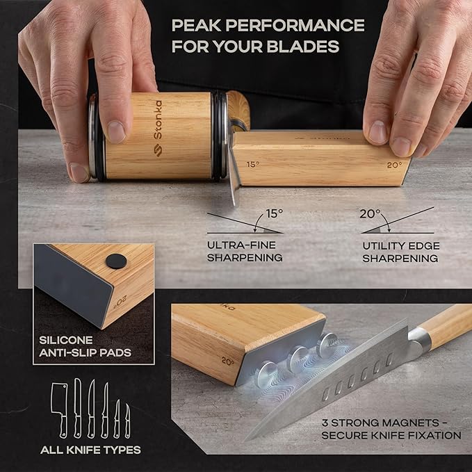 Stonka Oak Rolling Knife Sharpener Kit – Natural Wood, Diamond Wheels, Magnetic Angle Guide 15° & 20°, Leather Strop – Giftable Packaging