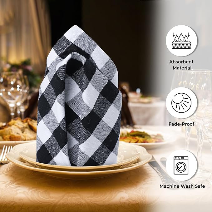 Urban Villa Cloth Napkins Cotton 20x20 (Set of 12) Black Cheks