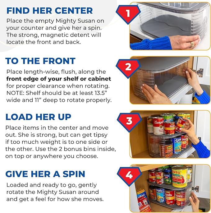 Mighty Susan 2-Tier Lazy Susan Pantry Organizer – Steel Reinforced Turntable for Kitchen Cabinets & Pantry Storage – Heavy-Duty Can Organizer Holds Up to 30 lbs – Rotates 360° – Includes 2 Bonus Bins