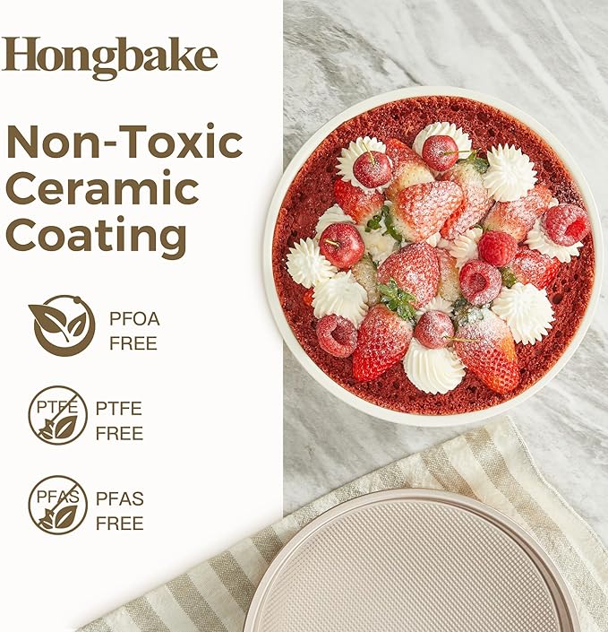 HONGBAKE Ceramic Nonstick 9” Round Cake Pans, Heavy-Duty Aluminized Steel