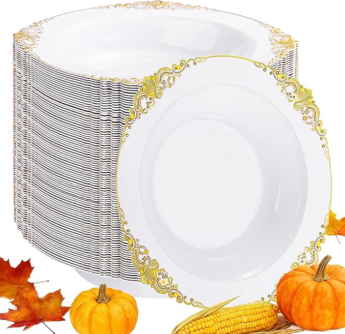 Joyido 100PCS Gold Plastic Bowls - 12 oz White Disposable Salad Bowls - Heavy Duty Soup Serving Bowl - Fancy Plastic Ice Cream Bowl for Parties, Dinners, Catering, Picnics