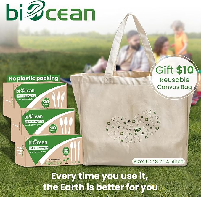 Biocean Extra Heavyduty Compostable Spoons [500 Count,6.7In] Disposable Cutlery No Plastic Spoons Large Biodegradable Utensils Eco Friendly Silverware for Party,BBQ,Daily Use [With Tote]